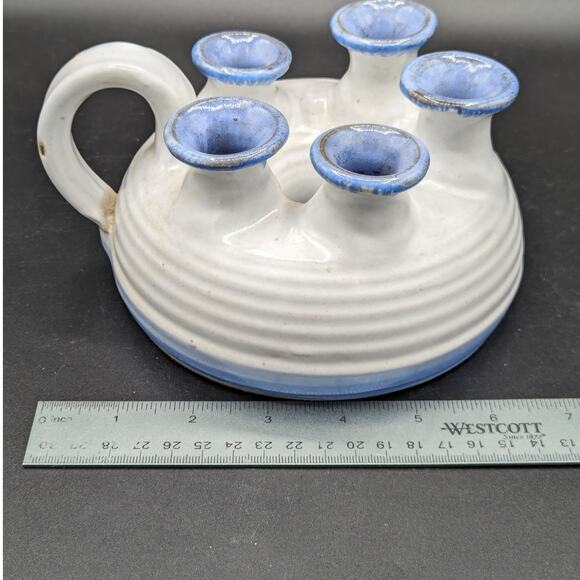 Vintage Hand Thrown Pottery Oil Lamp Signed Steve Fishley 94 White Blue 5 Necks - Picture 11 of 12